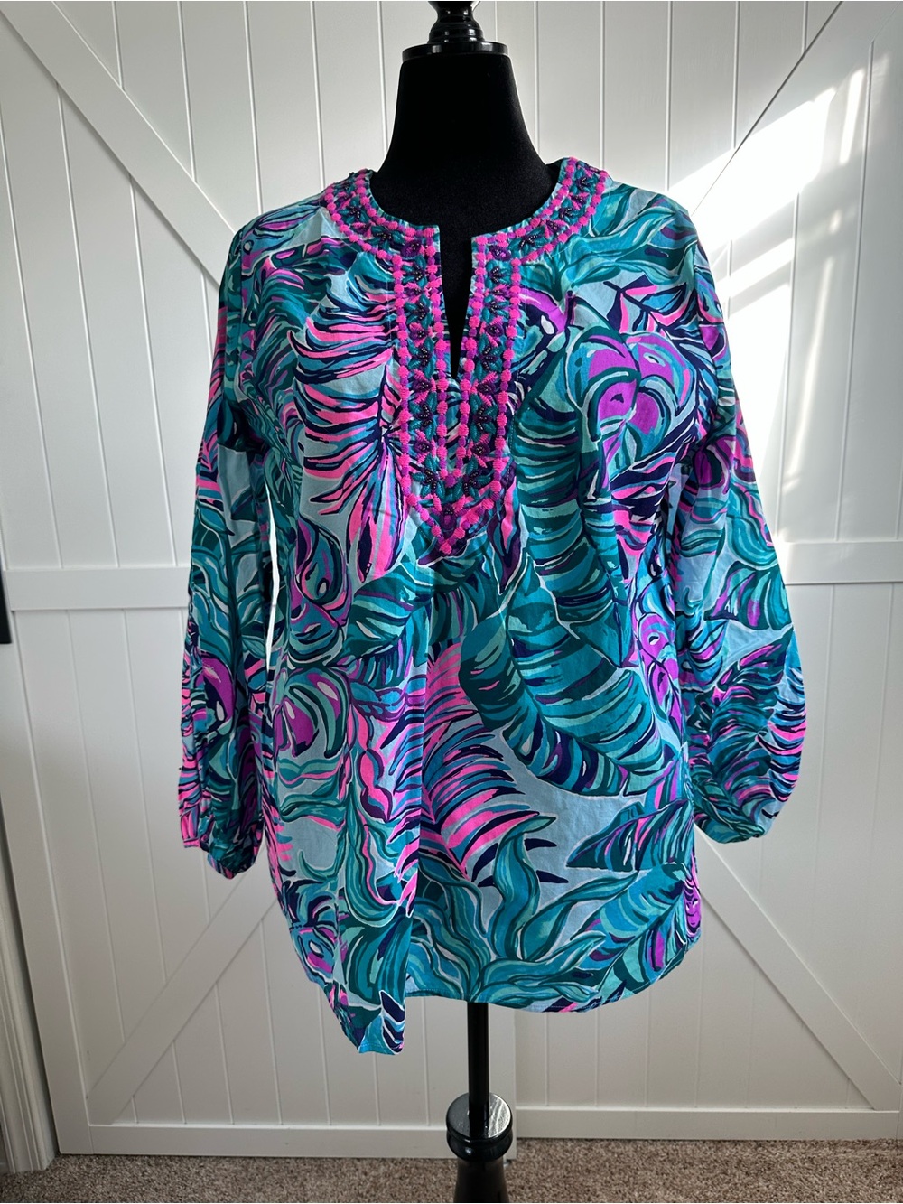 Lilly Pulitzer XL Tropical Palm Print Embroidered Tunic Top Pink Teal